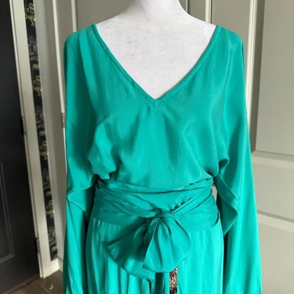 Alexis Teal Blue 100% Silk Long Sleeve Midi Dress with Beaded Sash Belt Size L - Picture 2 of 12